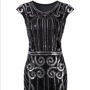 Black Sequin Vintage Beaded Silver Dress